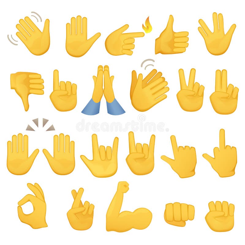 Uppsättning av handsymboler och symboler Emoji handsymboler Olikt gester, händer, signaler och tecken, vektorillustration stock illustrationer