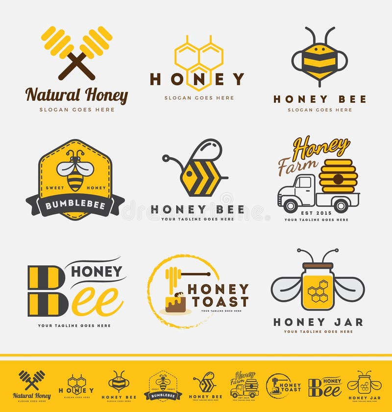 Uppsättning av honungbilogoen och etiketter för honungprodukter