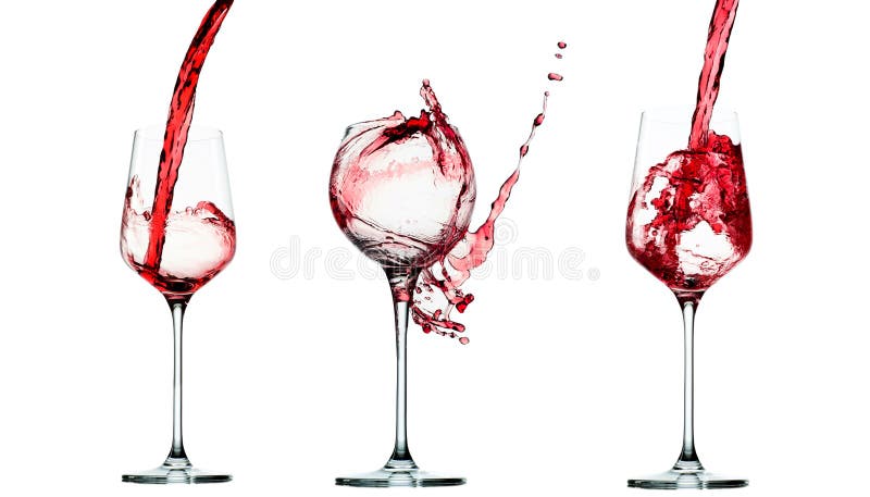 Uppsättning av hällande rött vin i den glass bägaren som isoleras på vit royaltyfri bild Uppsättning av hällande rött vin i den glass bägaren som isoleras på vit royaltyfri bild