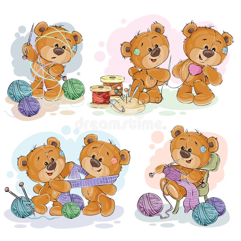 Uppsättning av illustrationer för gemkonst av nallebjörnar och deras handhembiträdehobby