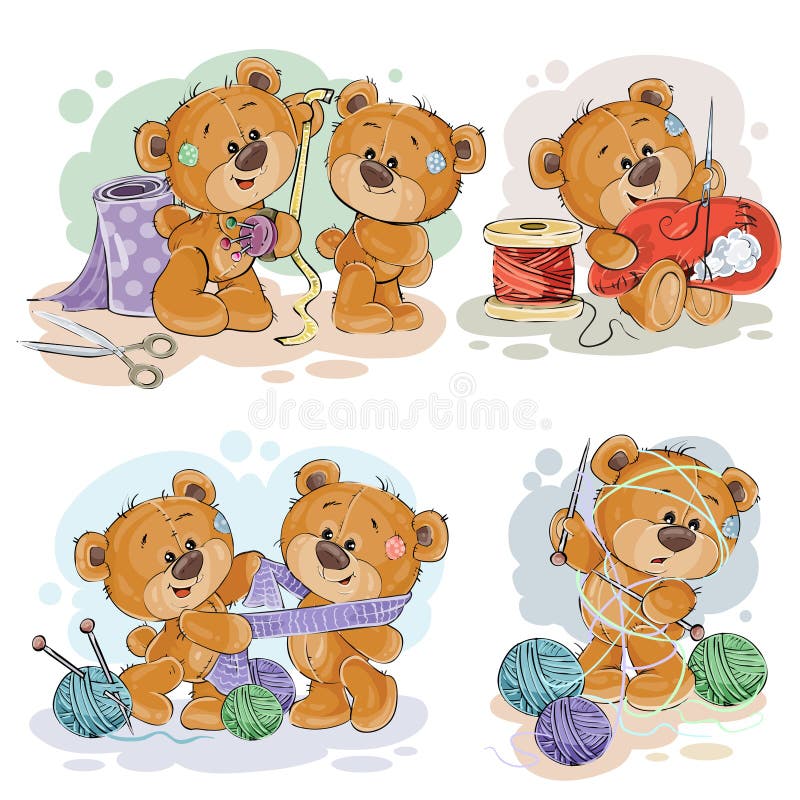 Uppsättning av illustrationer för vektorgemkonst av nallebjörnar och deras handhembiträdehobby