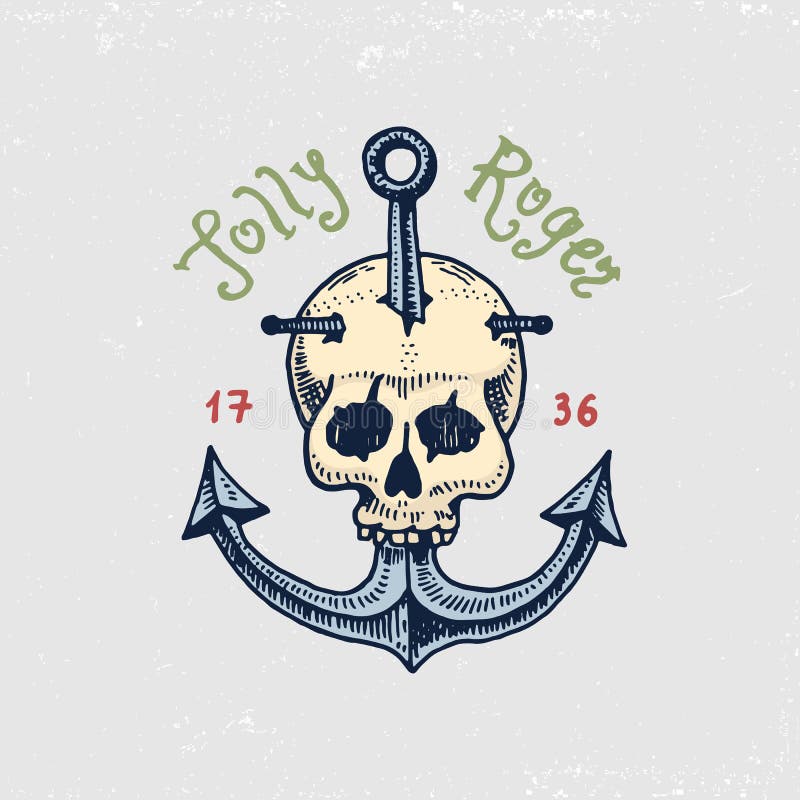 Uppsättning av inristat, hand som dras som är gammal, etiketter eller emblem för sjörövare, skalle på ankaret jolly roger Piratko royaltyfri illustrationer Uppsättning av inristat, hand som dras som är gammal, etiketter eller emblem för sjörövare, skalle på ankaret jolly roger Piratko royaltyfri illustrationer
