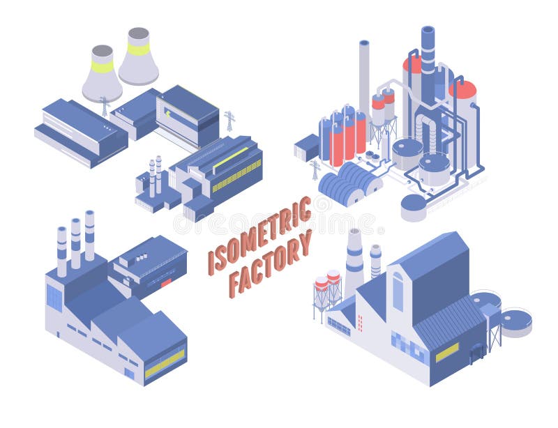 Uppsättning av isometrisk industribyggnad för fyra vektor, energi och kemisk växt och andra fabriker vektor illustrationer