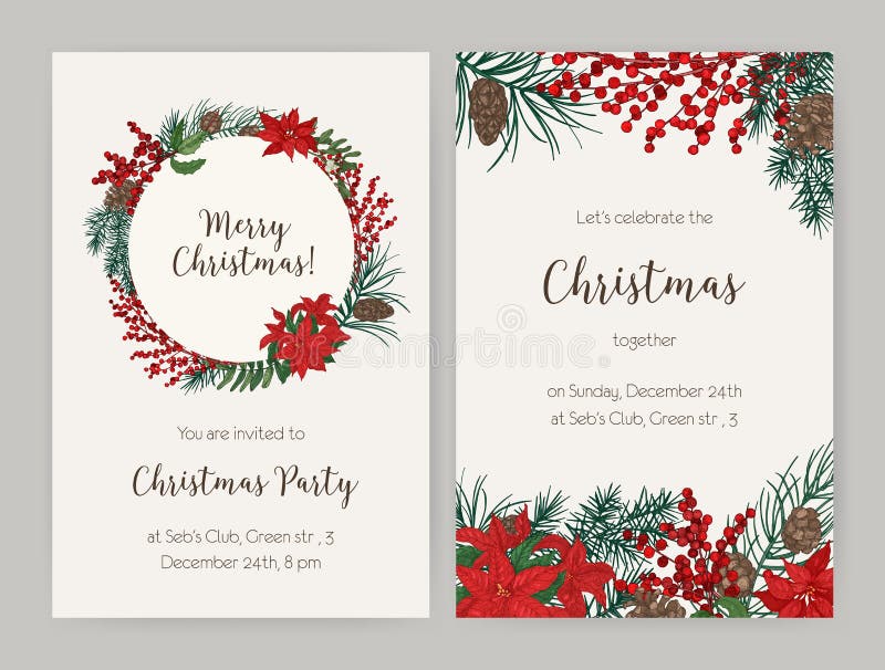 Uppsättning av jul reklamblad eller partiinbjudanmallar som dekoreras med barrträdfilialer och kottar, järneksidor och