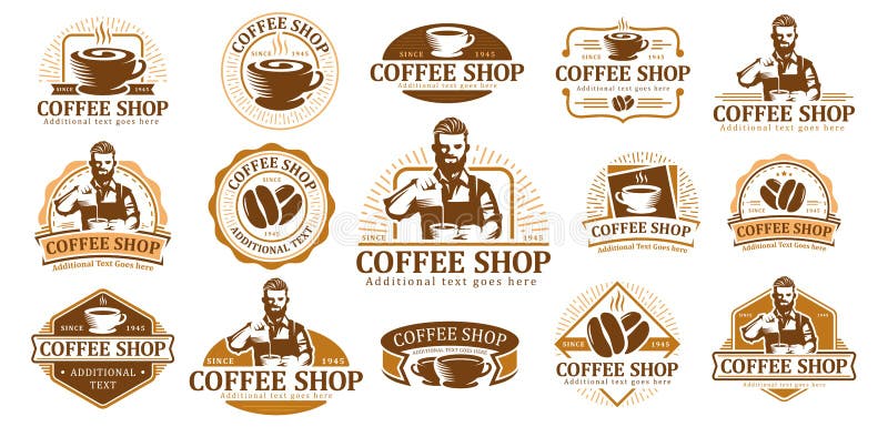 Uppsättning av kaffelogotyp, vektoretikett eller emblem-förpackning, samling av caféetiketter vektor illustrationer