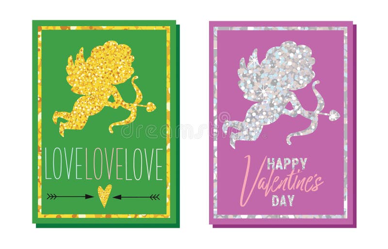 Uppsättning av kort för hälsning för dag för valentin` s Guld- och silverkupidon klar vektor för nedladdningillustrationbild vektor illustrationer Uppsättning av kort för hälsning för dag för valentin` s Guld- och silverkupidon klar vektor för nedladdningillustrationbild vektor illustrationer