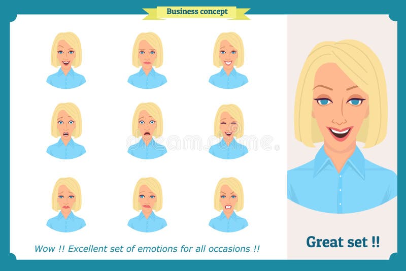 Uppsättning av kvinnauttryckt som isoleras på vit Gulligt blont emotionellt kvinnligt huvud vektorframsidaflicka som är ilsken, s stock illustrationer Uppsättning av kvinnauttryckt som isoleras på vit Gulligt blont emotionellt kvinnligt huvud vektorframsidaflicka som är ilsken, s stock illustrationer