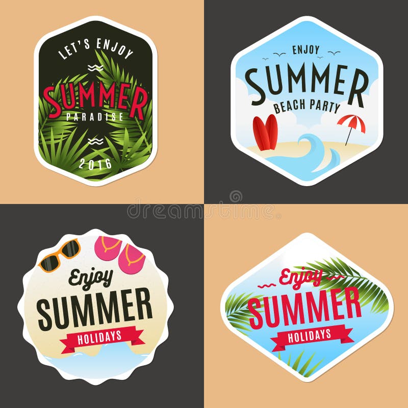 Uppsättning av logo, emblem, baner, emblem och beståndsdelar för sommarferier strandparti stock illustrationer Uppsättning av logo, emblem, baner, emblem och beståndsdelar för sommarferier strandparti stock illustrationer