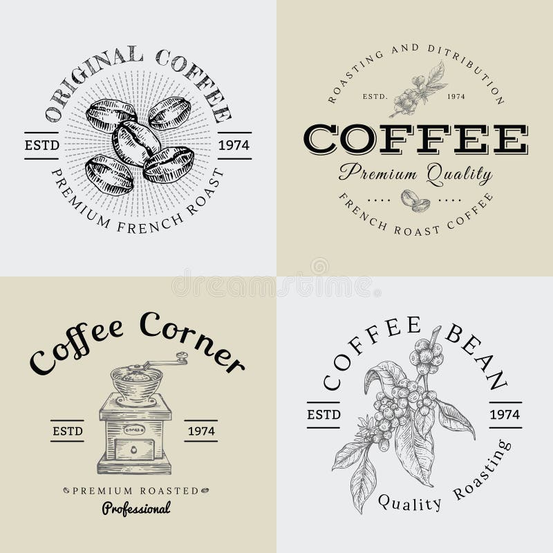 Uppsättning av logoen för vektortappningkaffe och illustration som drar Engra stock illustrationer
