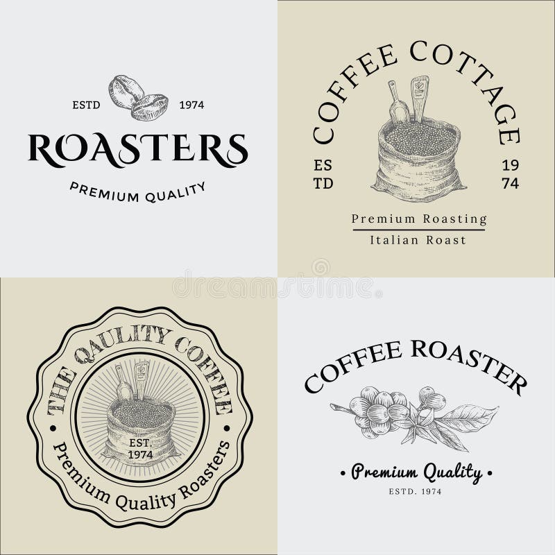 Uppsättning av logoen för vektortappningkaffe och illustration som drar Engra stock illustrationer