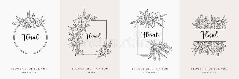 Uppsättning av logotyp för Daffodil-blommans ram. botaniskt runt ornament monogram. flornarcistisk andedräkt royaltyfri illustrationer