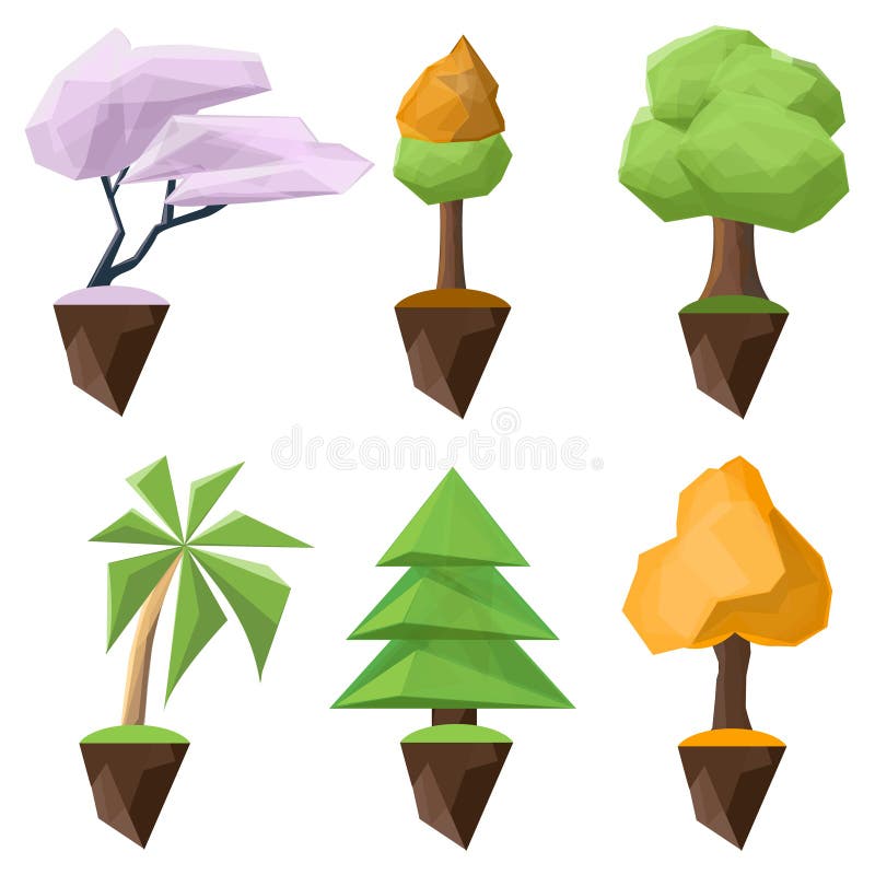Uppsättning av låg-poly och isometriska vektorträd på en vit bakgrund stock illustrationer Uppsättning av låg-poly och isometriska vektorträd på en vit bakgrund stock illustrationer
