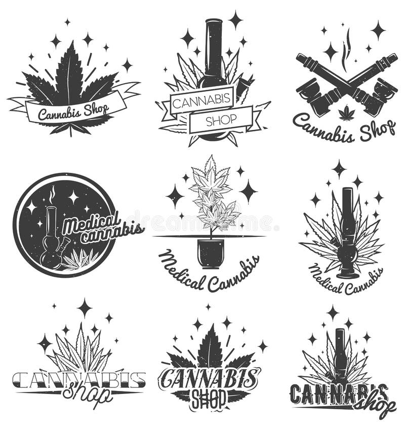 Uppsättning av medicinska marijuanaetiketter i tappningstil Cannabisemblem, emblem och logoer för shoppar design stock illustrationer Uppsättning av medicinska marijuanaetiketter i tappningstil Cannabisemblem, emblem och logoer för shoppar design stock illustrationer