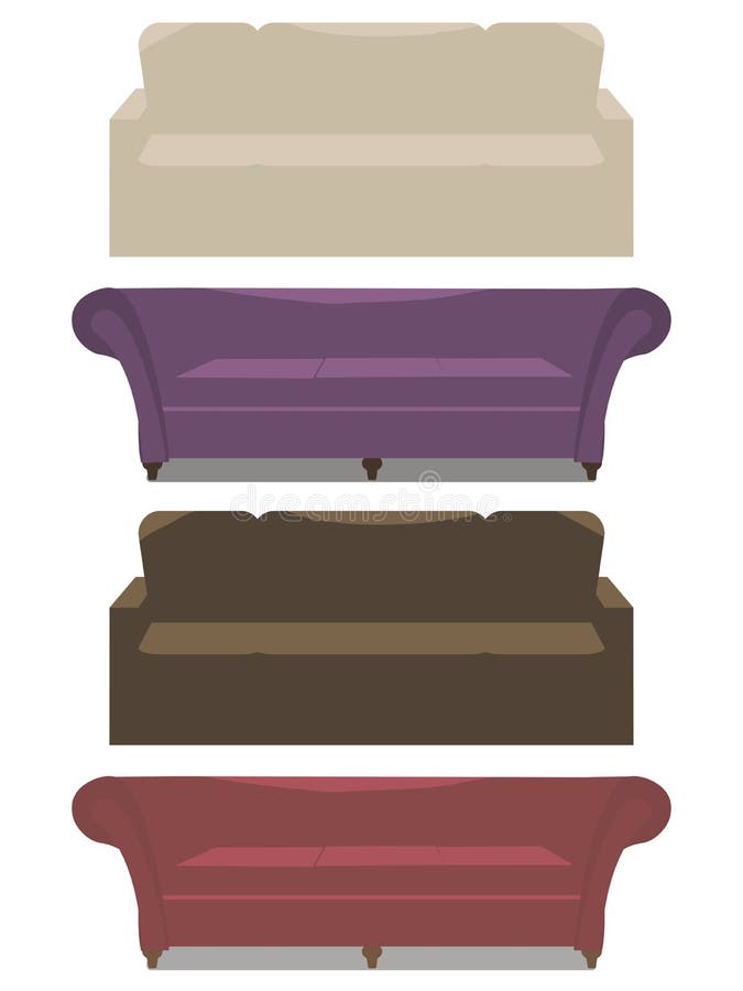 Uppsättning av mjuk soffa för vektor med för lilabrunt för armstöd beige läder och rött som isoleras på vit bakgrund stock illustrationer Uppsättning av mjuk soffa för vektor med för lilabrunt för armstöd beige läder och rött som isoleras på vit bakgrund stock illustrationer