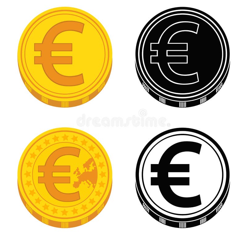Uppsättning av mynt med eurotecknet svart white vektor stock illustrationer Uppsättning av mynt med eurotecknet svart white vektor stock illustrationer
