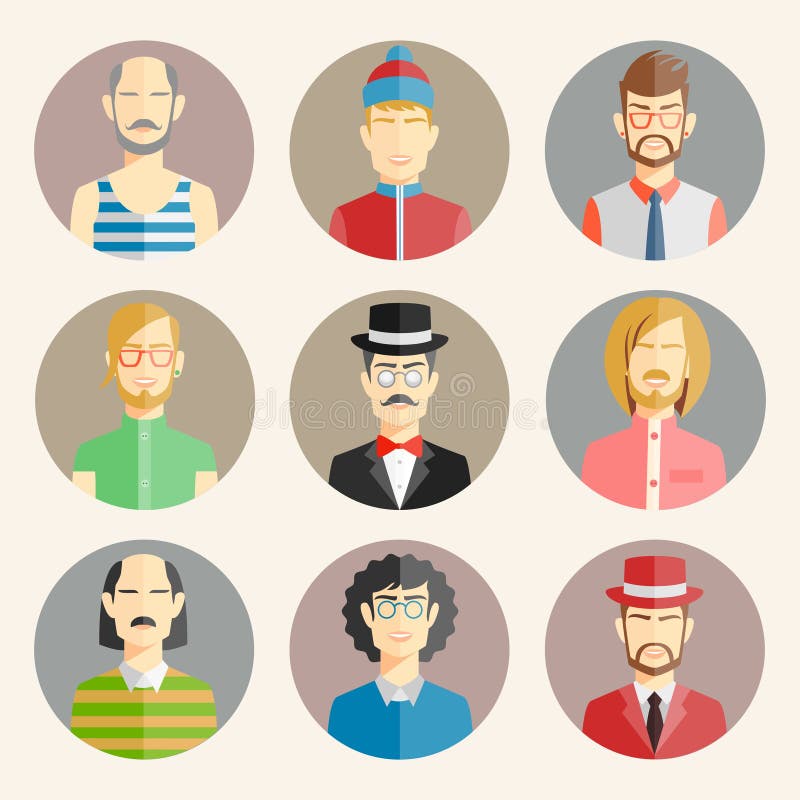 Uppsättning av nio manliga avatars