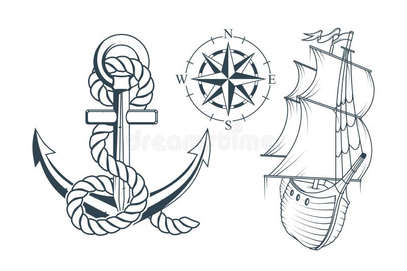 Uppsättning av olika ankaren för marin- design Illustration av ett ankare för skepp` s med ett rep och ett skepp royaltyfri illustrationer Uppsättning av olika ankaren för marin- design Illustration av ett ankare för skepp` s med ett rep och ett skepp royaltyfri illustrationer