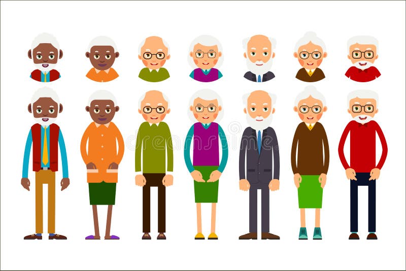 Set of diverse elderly people with avatars isolated on white background. Aged people caucasian and african. Elderly men and women. Illustration in flat style. Set of diverse elderly people with avatars isolated on white background. Aged people caucasian and african. Elderly men and women. Illustration in flat style