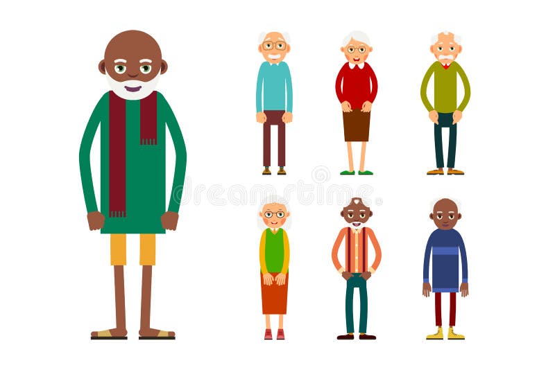 Set of diverse elderly people isolated on white background. Aged people caucasian and african. Elderly men and women. Illustration in flat style. Set of diverse elderly people isolated on white background. Aged people caucasian and african. Elderly men and women. Illustration in flat style