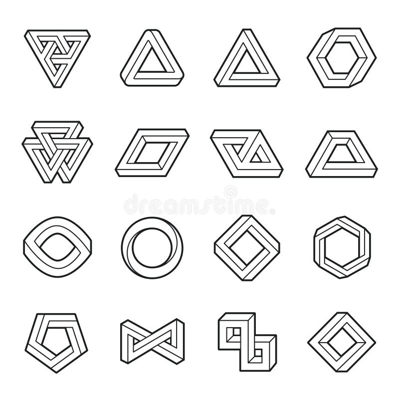 Uppsättning av omöjliga former Beståndsdelar för rengöringsdukdesign optisk illusion planlägg linjen stock illustrationer