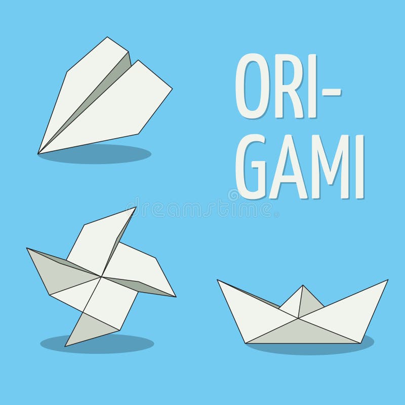 Uppsättning av origamiobjekt Vit på blå bakgrund Nivå, liten sol och fartyg royaltyfri illustrationer Uppsättning av origamiobjekt Vit på blå bakgrund Nivå, liten sol och fartyg royaltyfri illustrationer