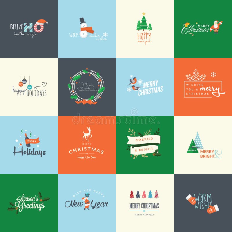 Uppsättning av plana designbeståndsdelar för hälsningkort för jul och för nytt år vektor illustrationer