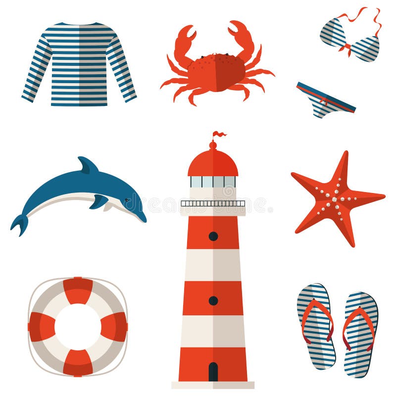 Uppsättning av plana symboler för hav och för strand. Vektorillustration. stock illustrationer Uppsättning av plana symboler för hav och för strand. Vektorillustration. stock illustrationer
