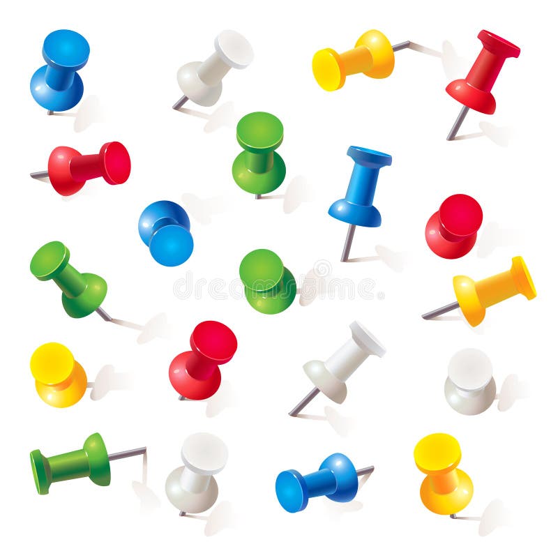 Uppsättning av pushben i olika färger. Häftstift stock illustrationer