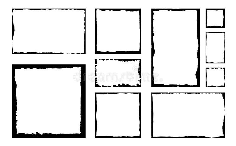 Set of grunge square frames. Empty border background. Hand draws black and white ink. Distress damaged edge vintage template. Brush stroke vector. Set of grunge square frames. Empty border background. Hand draws black and white ink. Distress damaged edge vintage template. Brush stroke vector.