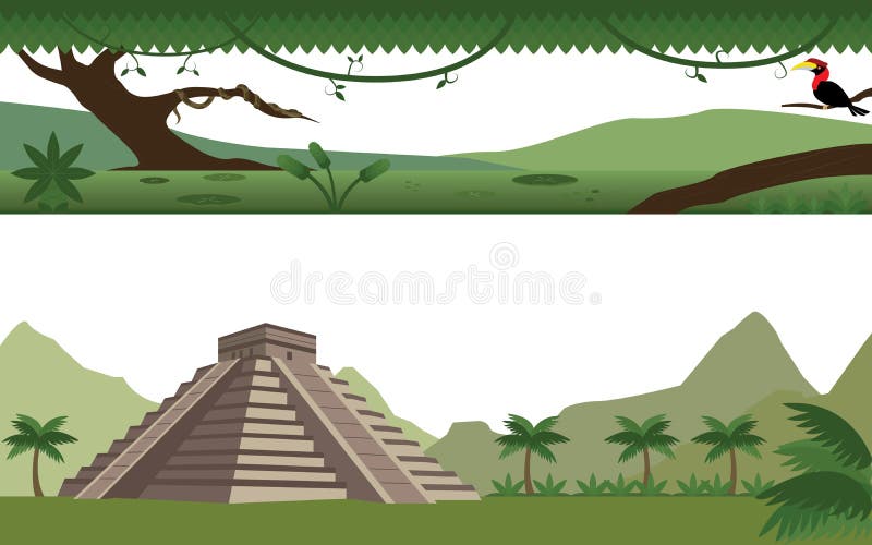 Uppsättning av regn Forest River och Aztecpyramidlandskapet royaltyfri illustrationer Uppsättning av regn Forest River och Aztecpyramidlandskapet royaltyfri illustrationer