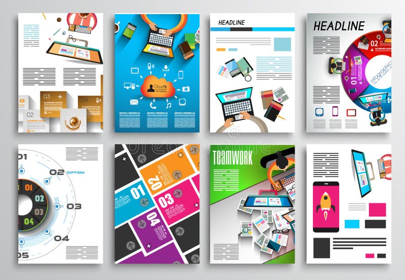 Uppsättning av reklambladdesignen, Infographics Broschyrdesigner, teknologibakgrunder royaltyfri illustrationer Uppsättning av reklambladdesignen, Infographics Broschyrdesigner, teknologibakgrunder royaltyfri illustrationer