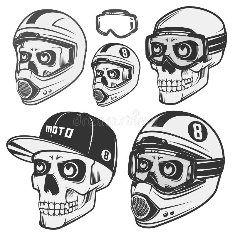 Uppsättning av skallerodercyklist och motosport vektor illustrationer Uppsättning av skallerodercyklist och motosport vektor illustrationer