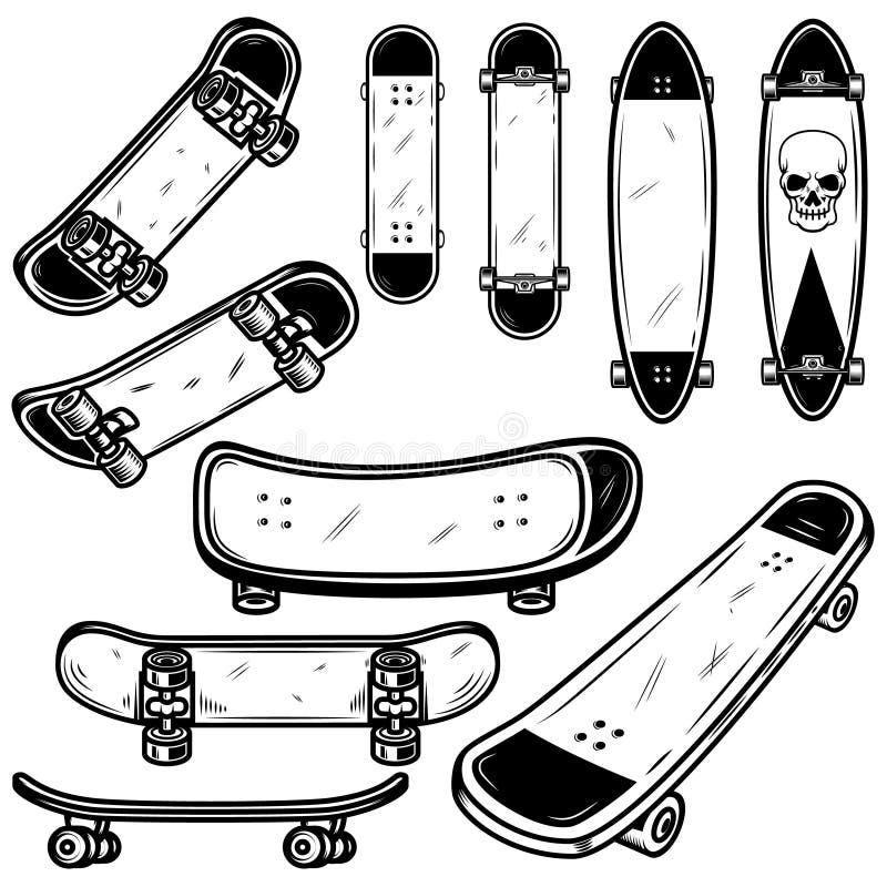 Uppsättning av skateboard- och longboardillustrationer på vit bakgrund Planlägg beståndsdelen för logoen, etiketten, emblemet, te royaltyfri illustrationer