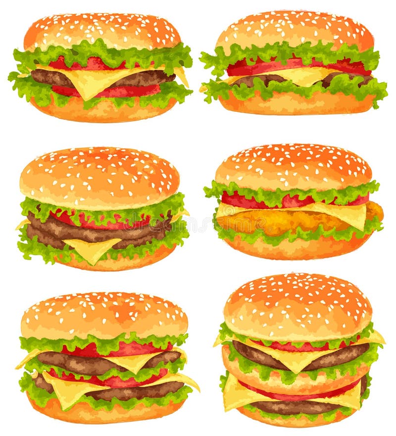 Modern watercolor design vector illustration, set of big burgers on white background. Modern watercolor design vector illustration, set of big burgers on white background