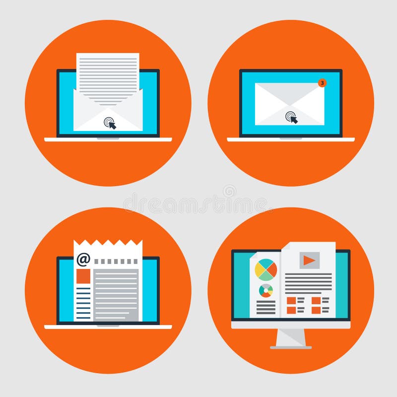 Uppsättning av symbolen av begreppsemailmarknadsföringen, online-nyheterna i plan stil stock illustrationer Uppsättning av symbolen av begreppsemailmarknadsföringen, online-nyheterna i plan stil stock illustrationer