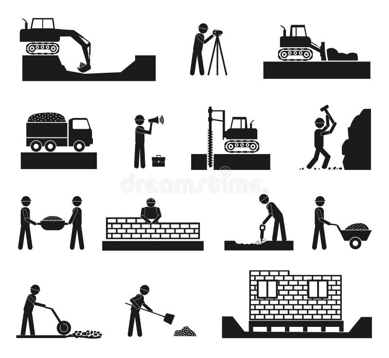 Uppsättning av symboler för byggmästarekonstruktionsbransch stock illustrationer