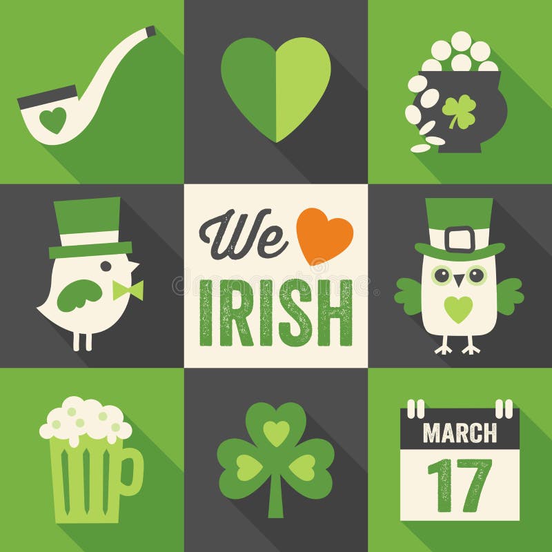 Uppsättning av 9 symboler för lägenhet för st-patricksdag med den långa shaden vektor illustrationer Uppsättning av 9 symboler för lägenhet för st-patricksdag med den långa shaden vektor illustrationer