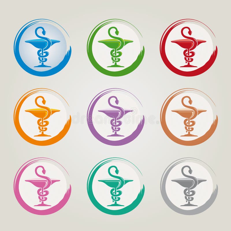 Uppsättning av 9 symboler med olika färger för Caduceus - farmaceutisk bransch stock illustrationer Uppsättning av 9 symboler med olika färger för Caduceus - farmaceutisk bransch stock illustrationer