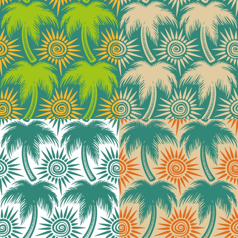Uppsättning av sömlösa modeller för vektor med palmträd och solen royaltyfri illustrationer