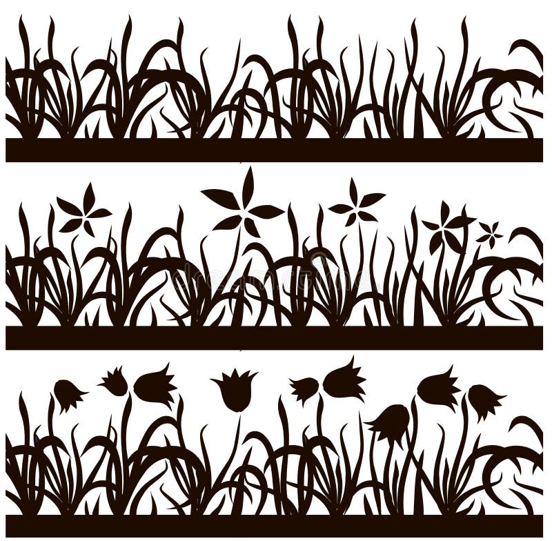 Uppsättning av sömlöst svart konturgräs, blommamodell på vit bakgrund, designbeståndsdelmateriel royaltyfri illustrationer Uppsättning av sömlöst svart konturgräs, blommamodell på vit bakgrund, designbeståndsdelmateriel royaltyfri illustrationer