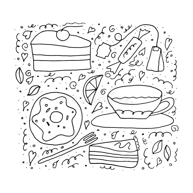 Uppsättning av sötsaker och kakor Tetidbegrepp på en vit bakgrund för färgläggningdiagram för bok färgrik illustration royaltyfri illustrationer Uppsättning av sötsaker och kakor Tetidbegrepp på en vit bakgrund för färgläggningdiagram för bok färgrik illustration royaltyfri illustrationer