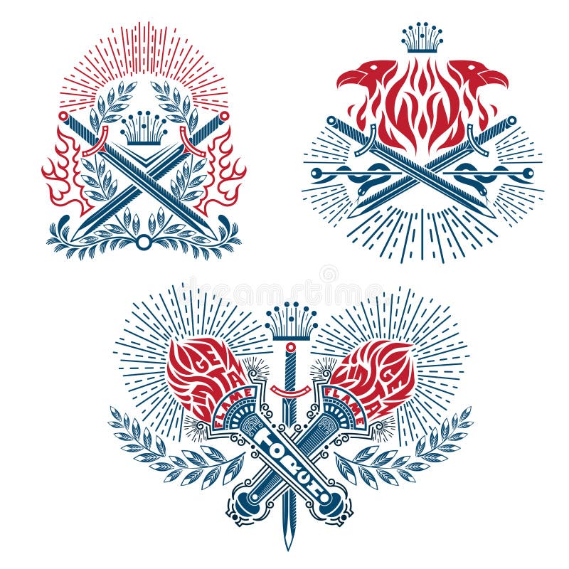Uppsättning av tappningetiketten med korsade facklor, svärd, i att inrista färg för linje isolerat rött för stil och blått royaltyfri illustrationer Uppsättning av tappningetiketten med korsade facklor, svärd, i att inrista färg för linje isolerat rött för stil och blått royaltyfri illustrationer