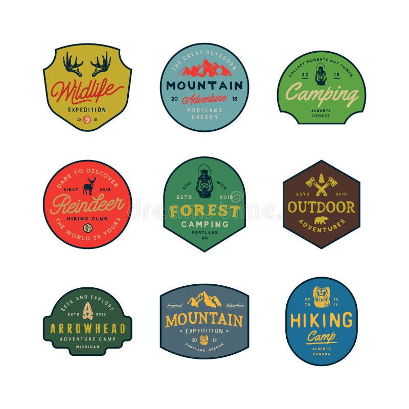 Uppsättning av tappningvildmarklogoer hand drog retro utformade utomhus- affärsföretagemblem också vektor för coreldrawillustrati vektor illustrationer Uppsättning av tappningvildmarklogoer hand drog retro utformade utomhus- affärsföretagemblem också vektor för coreldrawillustrati vektor illustrationer