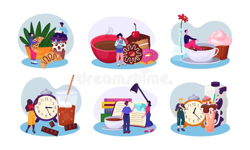 Uppsättning av teckningsritningar med kaffe, vektorillustration Yrke av unga män som dricker platt vektor illustrationer