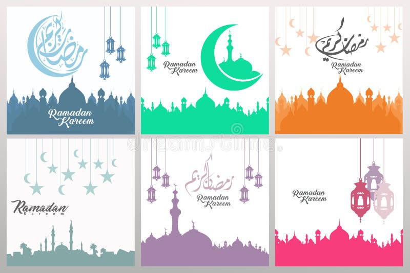 Uppsättning av utsmyckade fyrkantiga hälsa kort med ramadan kalligrafi och prydnadvirvelramen illustration stock illustrationer Uppsättning av utsmyckade fyrkantiga hälsa kort med ramadan kalligrafi och prydnadvirvelramen illustration stock illustrationer