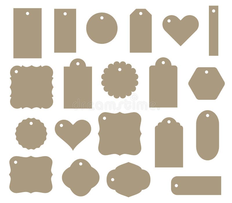 Set of vector gift tag, discount label. Twenty different shapes, pattern. Craft paper, cardboard color. Set of vector gift tag, discount label. Twenty different shapes, pattern. Craft paper, cardboard color.