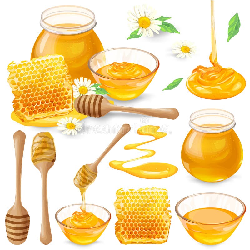 Uppsättning av vektorillustrationer av honung i honungskakor, i en krus som dryper från honungskopan