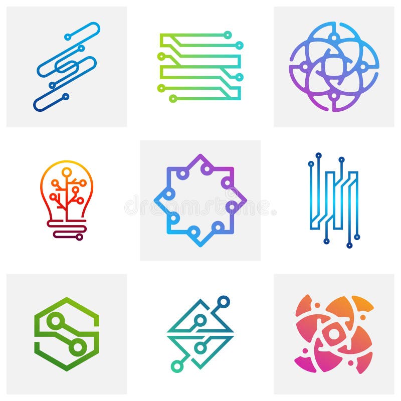 Uppsättning av vektormall för Circuit-logotyp, ikonen Cirkulär logotyp, ikonen Länka med punkt, Circuit-element, Kreativ design stock illustrationer
