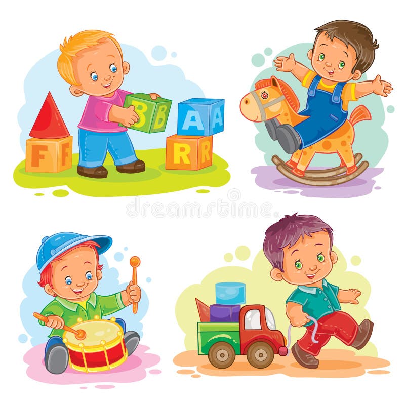 Uppsättning av vektorsymbolspysen som spelar med leksaker vektor illustrationer Uppsättning av vektorsymbolspysen som spelar med leksaker vektor illustrationer
