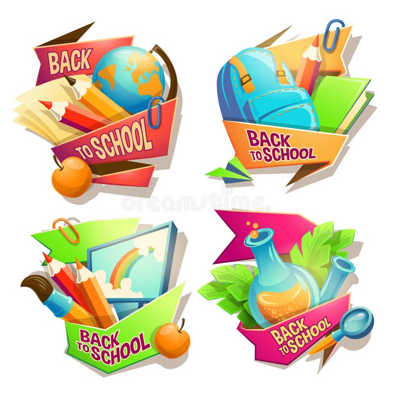 Uppsättning av vektortecknad filmillustrationer, emblem, klistermärkear, emblem, kulöra symboler av skolatillförsel vektor illustrationer Uppsättning av vektortecknad filmillustrationer, emblem, klistermärkear, emblem, kulöra symboler av skolatillförsel vektor illustrationer